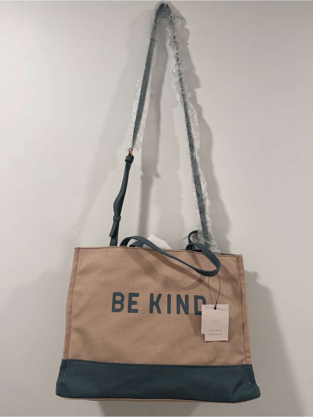 LC Lauren Conrad Beige and Teal 'Be Kind' Canvas Tote